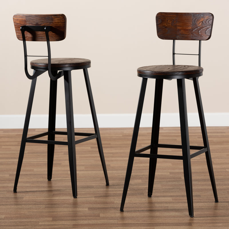 Kenna Vintage Rustic Industrial Bar Stool Set - 2-Piece Wood and Black Metal Design for Home Kitchen or Pub Use