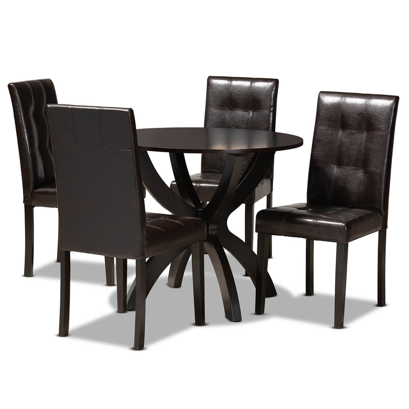 Elira 5-Piece Dining Set Modern Dark Brown Faux Leather Chairs with Dark Brown Finished Wood Table