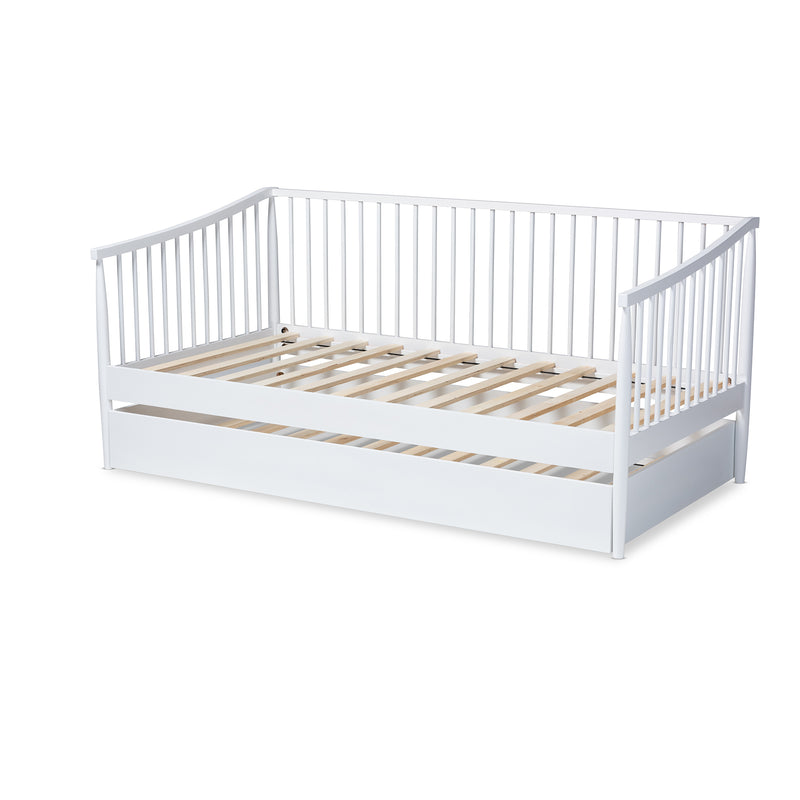 Renata Twin Size Spindle Daybed with Trundle Classic White Wood Design for Versatile Sleeping and Seating Solutions