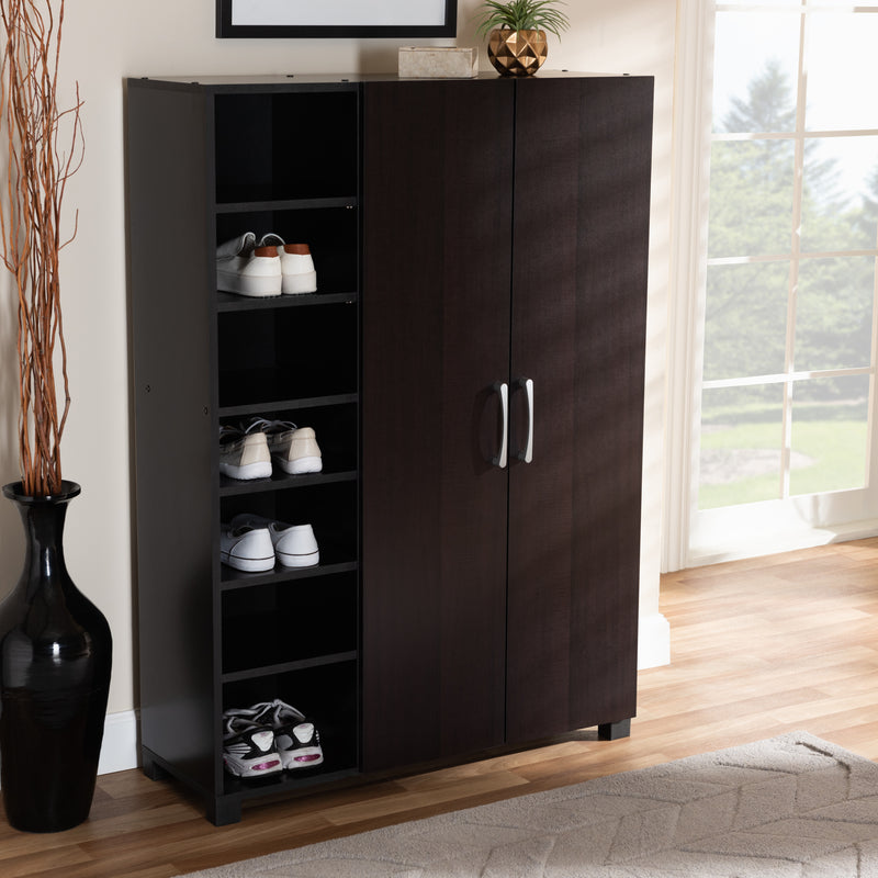 Marine Shoe Storage Cabinet Modern Two-Tone Wenge and Black 2-Door Wood Entryway Organizer with Open Shelves for Shoes and Accessories