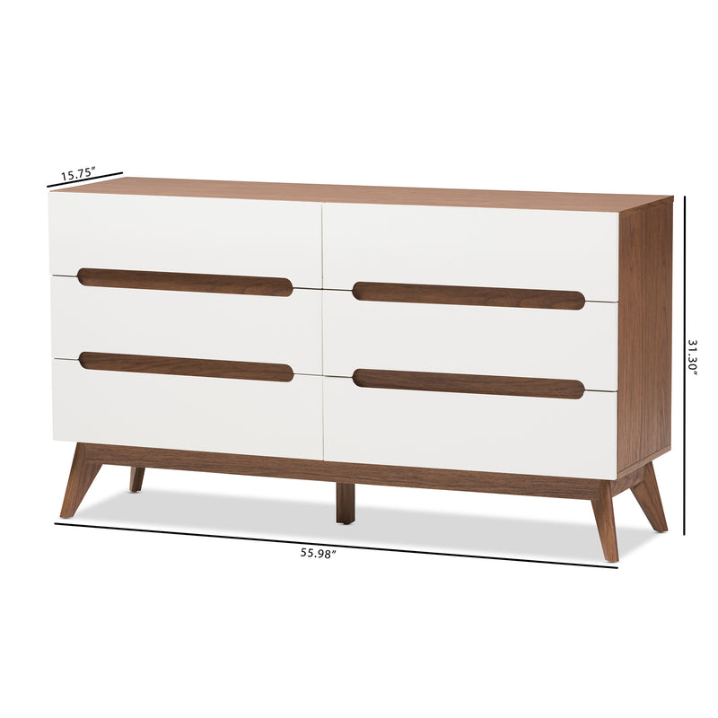 Calypso Mid-Century Modern 6-Drawer Storage Dresser in White and Walnut for Stylish Bedroom Organization