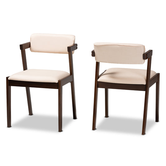 Althea Dining Chair Set Mid-Century Modern Transitional Cream Fabric and Dark Brown Finished Wood 2-Piece