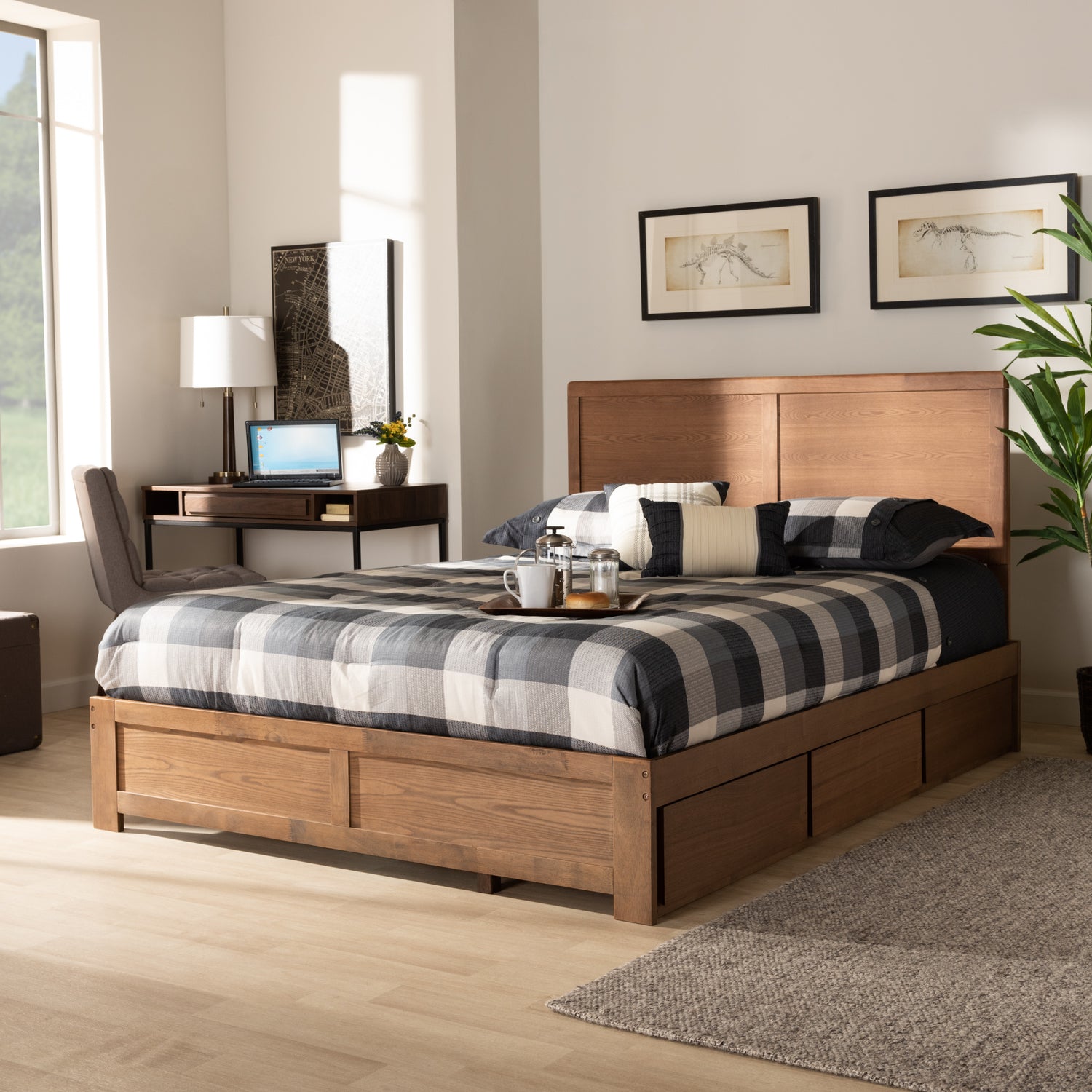 Aras Platform Storage Bed - Modern and Contemporary Ash Walnut Brown Finished Wood with 3 Drawers