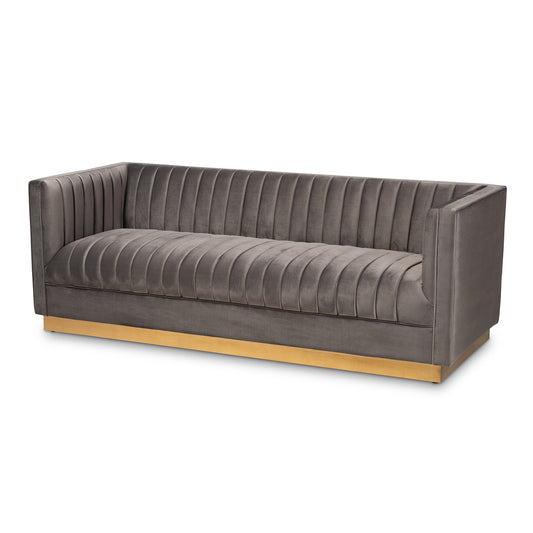 Aveline Sofa Glam and Luxe Grey Velvet Fabric Upholstered Brushed Gold Finished