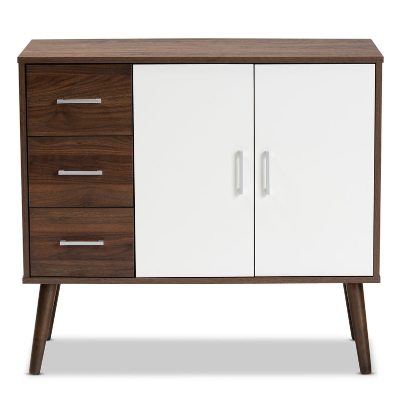 Leena Mid-Century Modern Sideboard Buffet - Two-Tone White and Walnut Wood with 3 Drawers for Stylish Storage and Organization