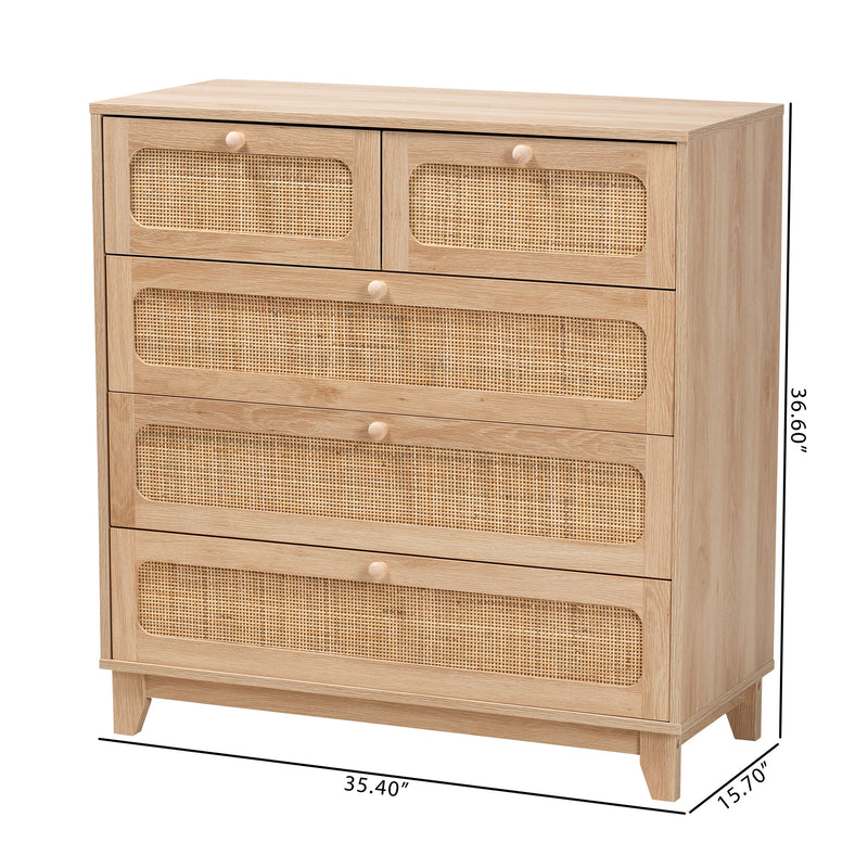 Elsbeth Storage Cabinet Mid-Century Modern Design Oak Brown Wood and Natural Rattan with 5 Drawers for Stylish Organization