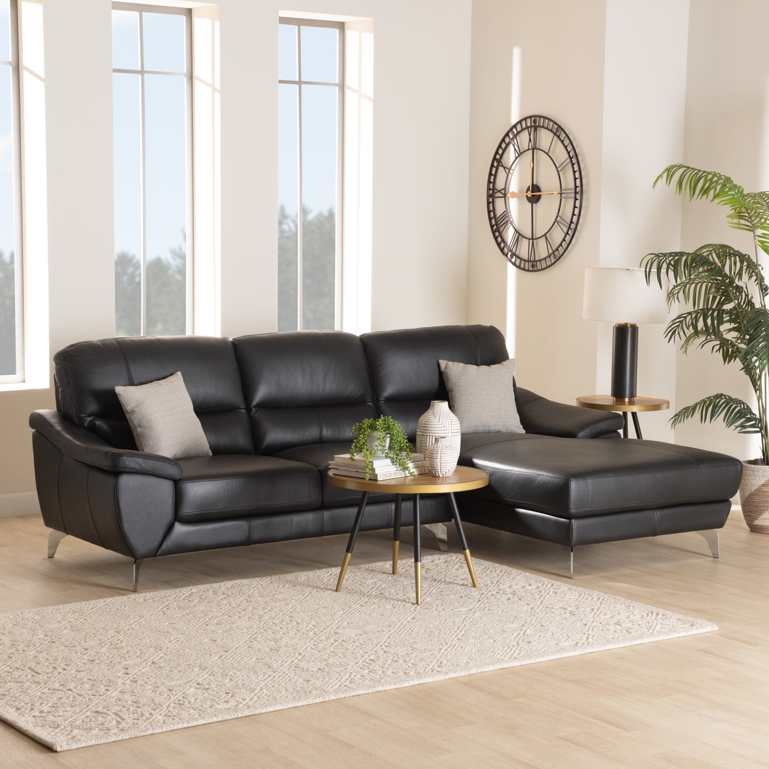 Townsend Sofa Modern Black Full Leather Sectional with Right Facing Chaise