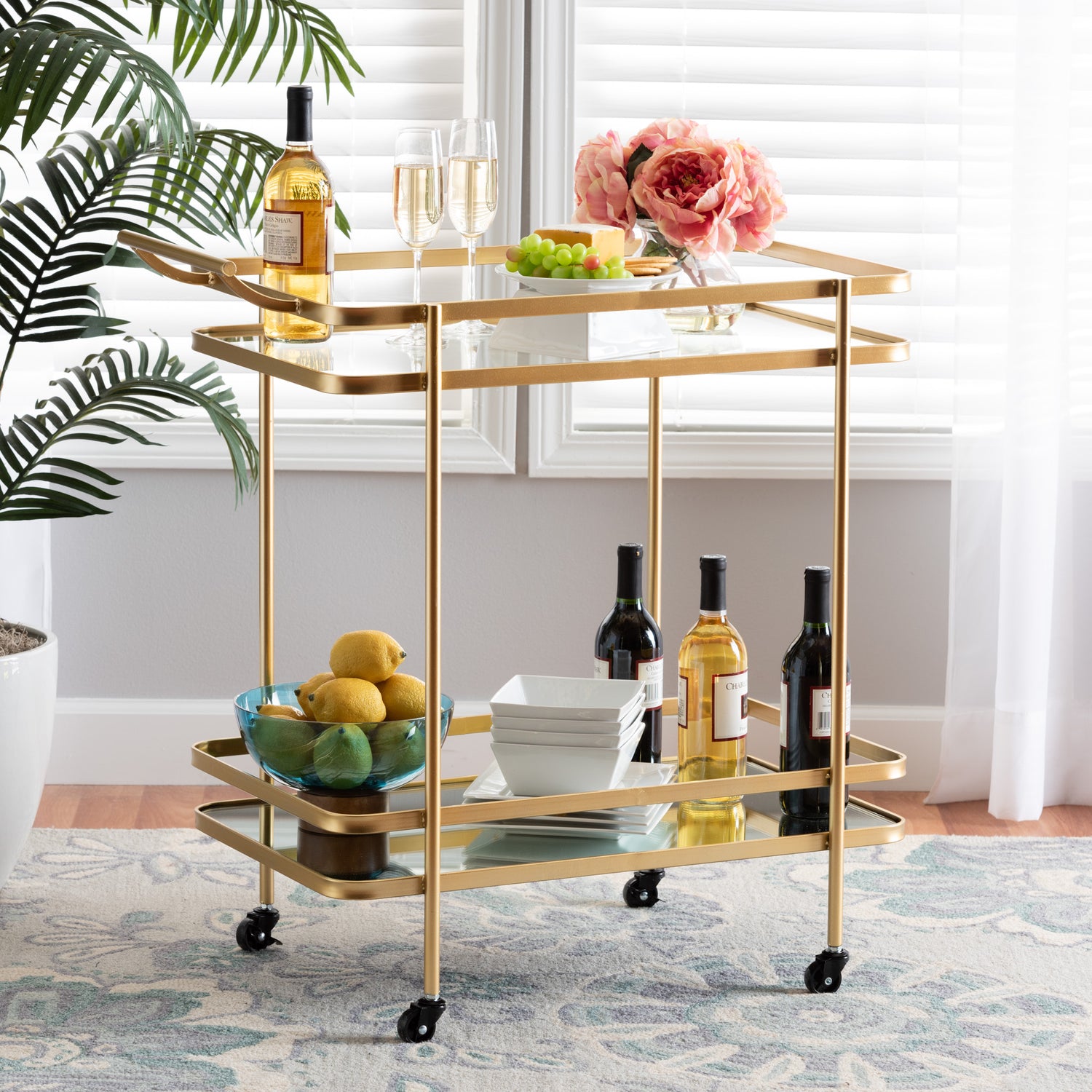 Destin Mobile Wine Bar Cart - Modern Glam Design with Brushed Gold Metal and Mirrored Glass, 2-Tier Storage