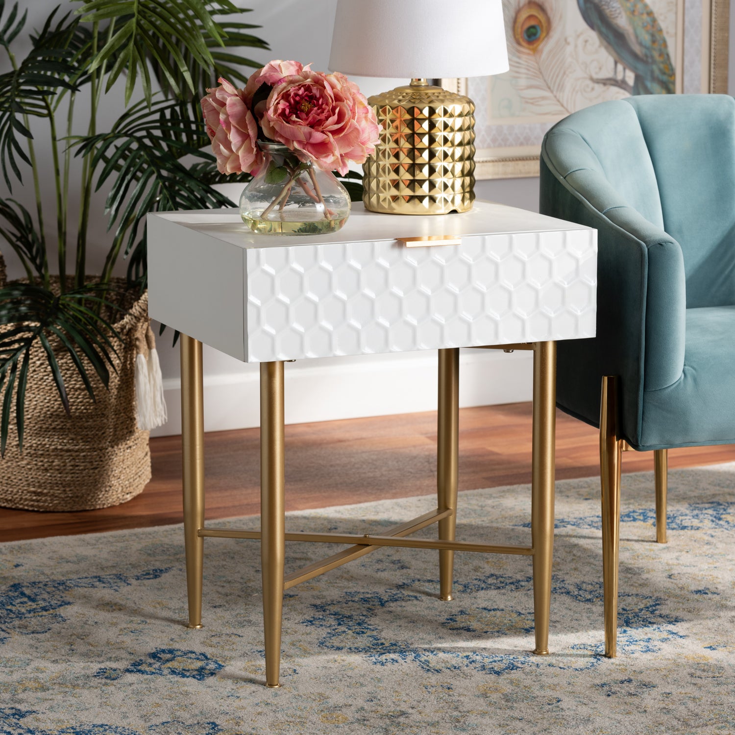 Marcin End Table Contemporary Glam Luxe Design White Finished Wood Gold Metal 1 Drawer for Storage