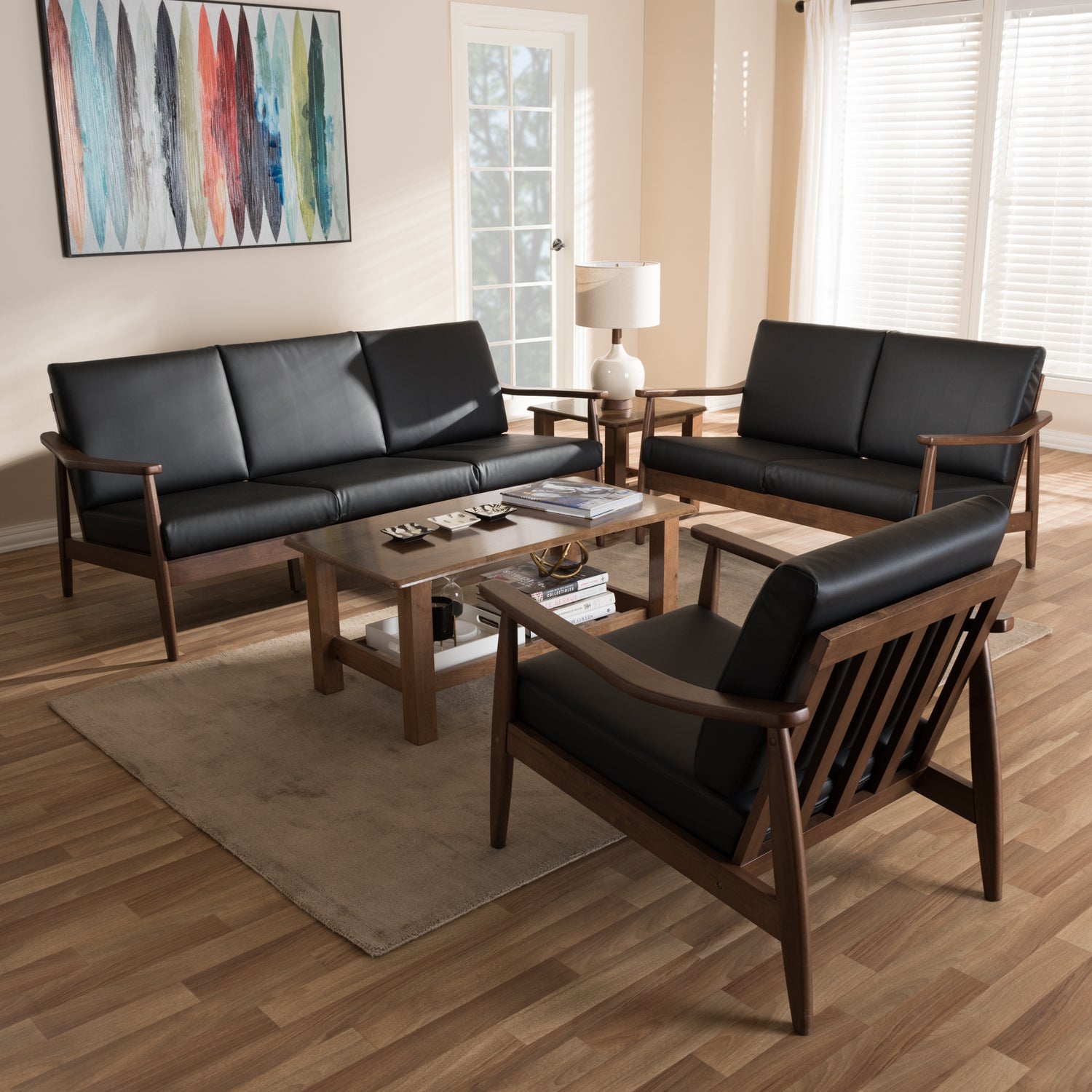 Venza Livingroom Set Mid-Century Modern Walnut Wood Black Faux Leather 3-Piece