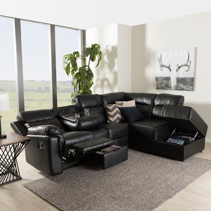 Roland Sectional Modern and Contemporary Black Faux Leather 2-Piece with Recliner and Storage Chaise