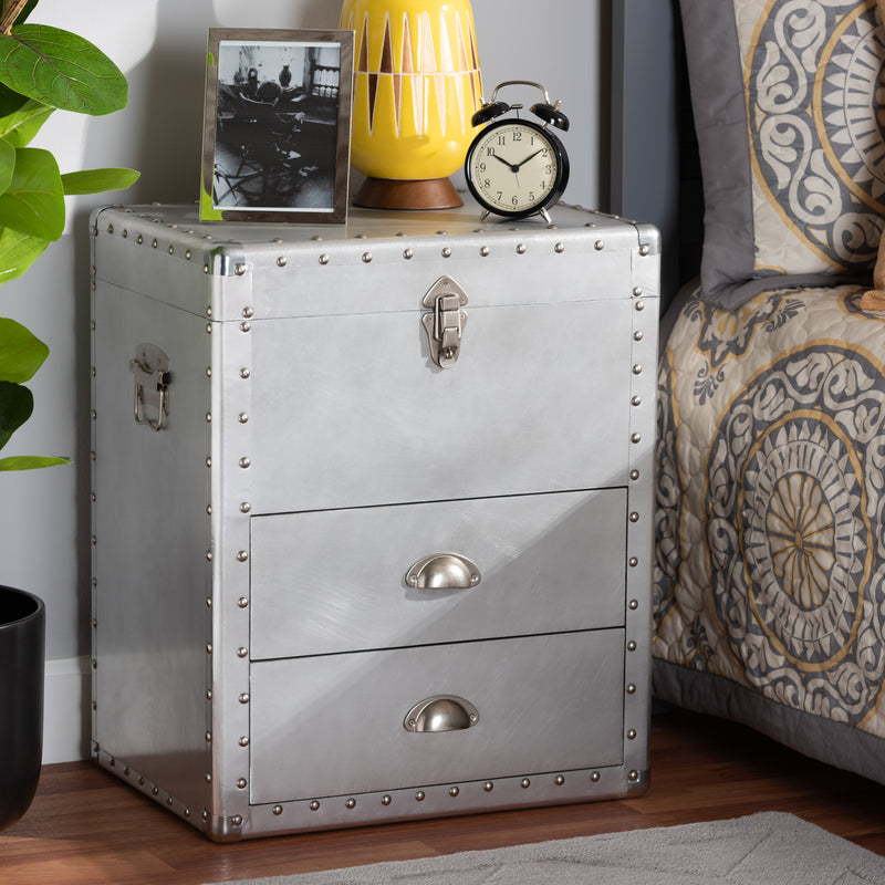 Serge Accent Storage Cabinet French Industrial Silver Metal 2-Drawer Design for Stylish Organization and Home Decor