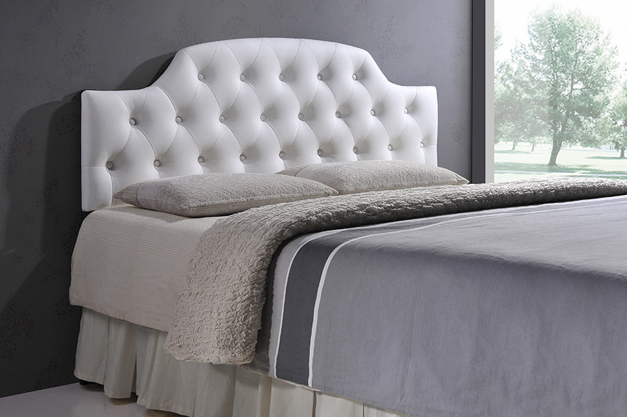 Morris Queen Size Headboard Modern Contemporary White Faux Leather Upholstered Design with Button-Tufted Scalloped Detail