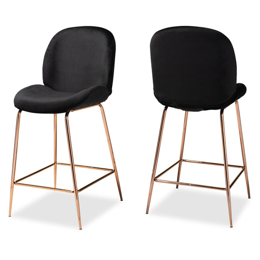 Lander Counter Stool Set Modern Luxe and Glam Black Velvet Fabric Upholstered with Rose Gold Finished Metal 2-Piece