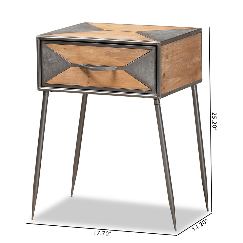 Laurel End Table Rustic Industrial Design with Antique Grey Metal and Whitewashed Oak Wood Featuring 1 Storage Drawer