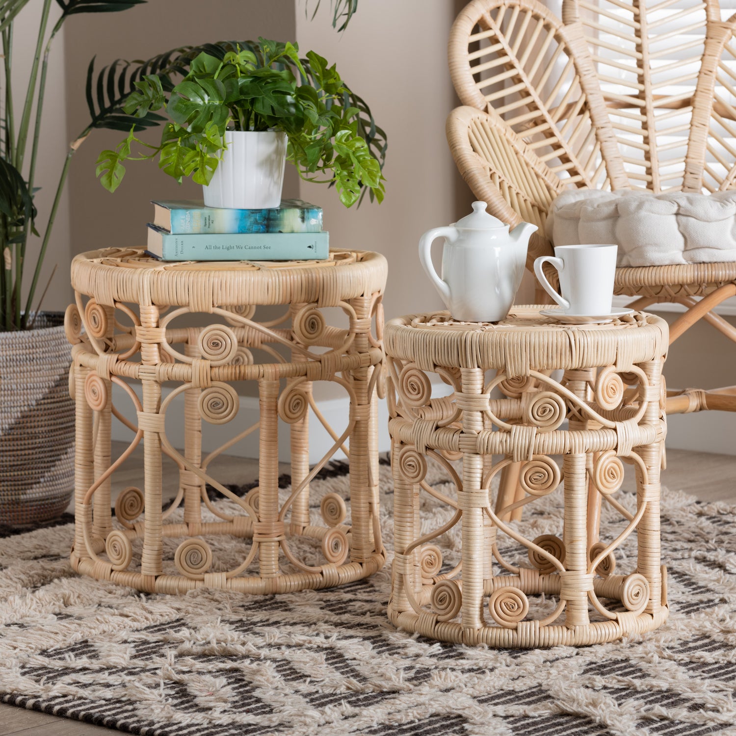 Bowie Rattan Nesting End Table Set - Modern Bohemian Style, Natural Brown Finish, 2-Piece Design for Living Room or Bedroom