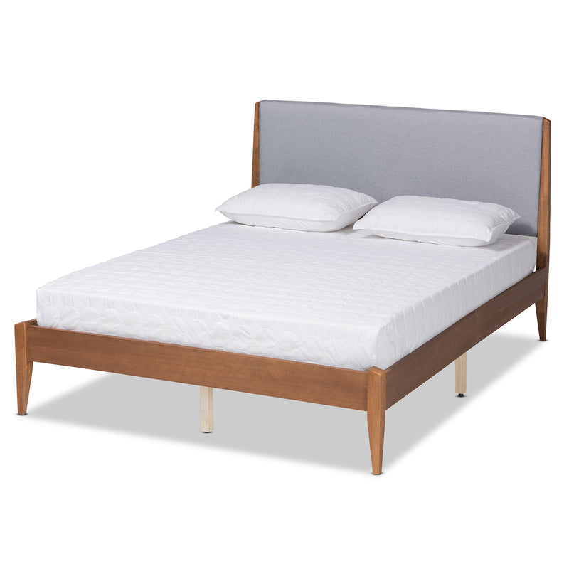 Lenora King Size Platform Bed - Mid-Century Modern Grey Fabric Upholstery with Walnut Brown Wood Frame