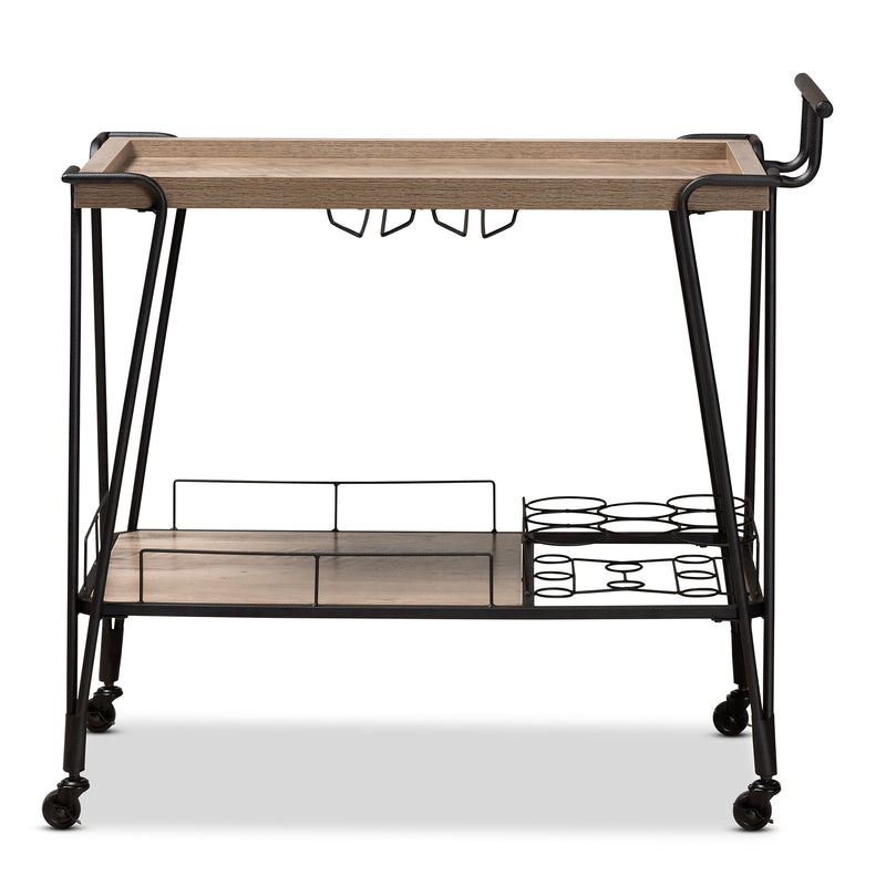 Perilla Wine Serving Cart - Modern Rustic Industrial Design with Oak Brown Wood and Black Metal, 2-Tier Storage for Home Bar