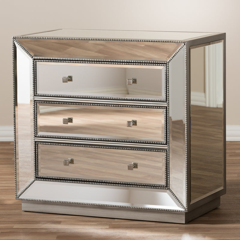 Edeline Mirrored 3-Drawer Cabinet in Hollywood Regency Style - Elegant Storage with Reflective Finish for Living Room or Bedroom Decor