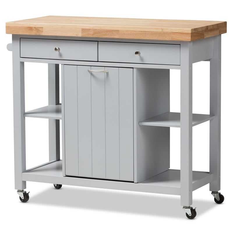 Hayward Kitchen Cart Coastal Farmhouse Style Light Grey Wood Mobile Storage Solution with Shelves and Wheels