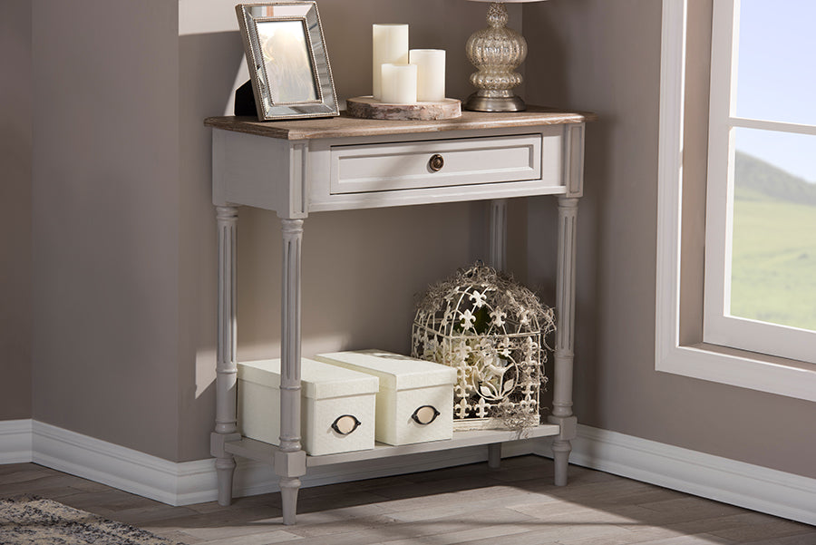 Edouard Console Table French Provincial Style White Wash Distressed Wood Grey Two-tone 1-Drawer Design for Elegant Home Decor