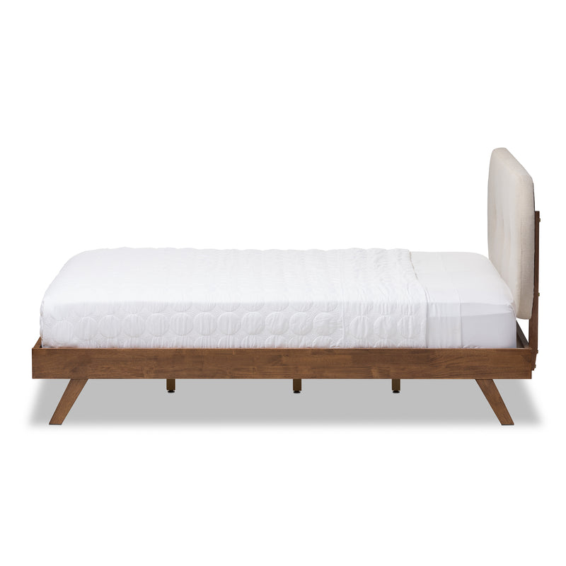 Penelope Queen Size Platform Bed - Mid-Century Modern Solid Walnut Frame with Light Beige Fabric Upholstery