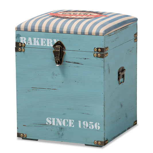 Caye Vintage Storage Trunk Ottoman Striped Fabric Upholstered with Light Blue Wood Finish