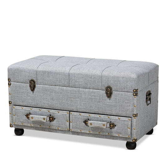 Flynn Modern Transitional Ottoman Grey Fabric Upholstered Storage Trunk with 2 Drawers for Stylish Organization and Versatile Seating