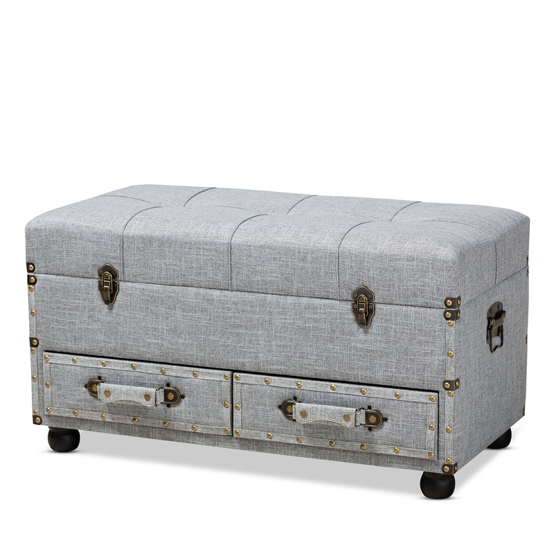 Flynn Modern Transitional Ottoman Grey Fabric Upholstered Storage Trunk with 2 Drawers for Stylish Organization and Versatile Seating