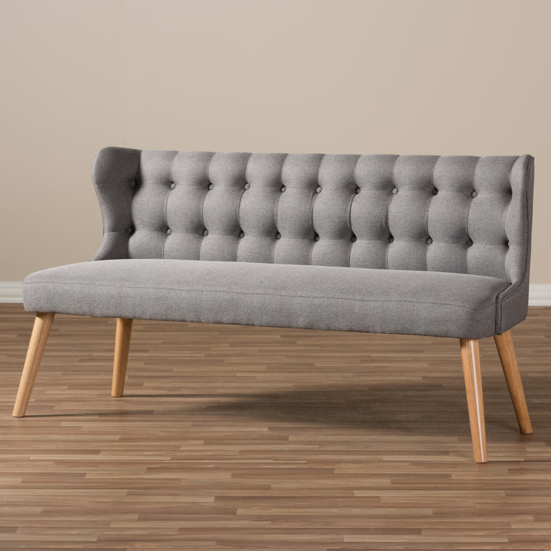 Melody 3-Seater Settee Bench in Mid-Century Modern Style with Grey Fabric and Natural Wood Finish