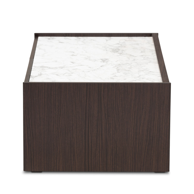 Walker Modern Coffee Table with Dark Brown and Gold Finished Wood and Faux Marble Top