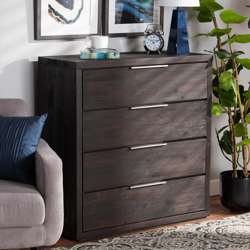 Titus Modern 4-Drawer Chest in Dark Brown Finished Wood for Stylish Bedroom Storage