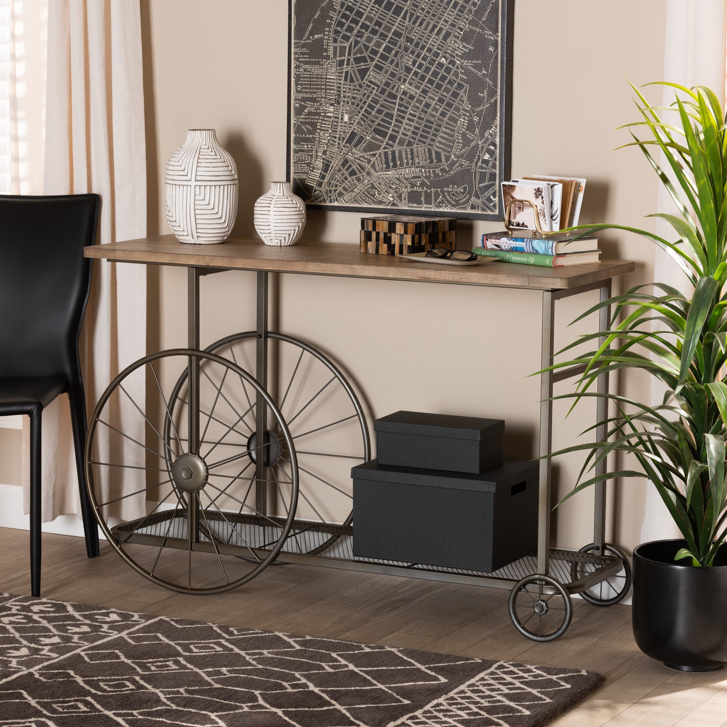 Terence Console Table Vintage Rustic Industrial Design with Natural Wood Finish and Black Metal Wheels