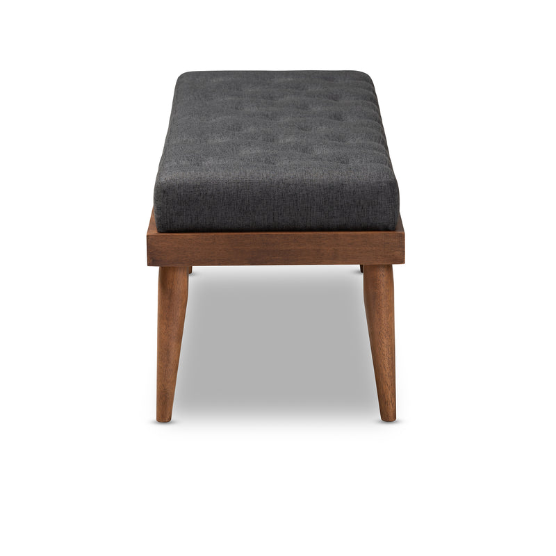 Linus Bench Mid-Century Modern Dark Grey Fabric Upholstered and Button Tufted Wood