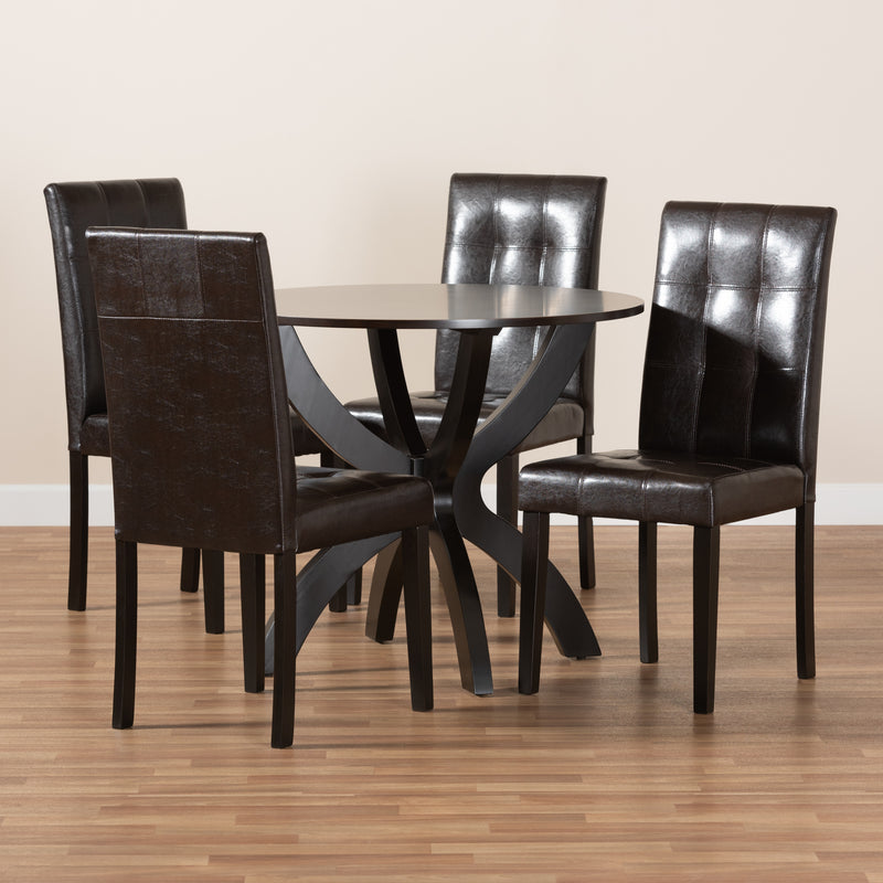 Elira 5-Piece Dining Set Modern Dark Brown Faux Leather Chairs with Dark Brown Finished Wood Table