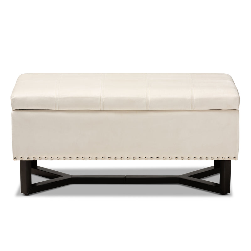 Esther Ottoman Modern and Contemporary Beige Velvet Fabric Upholstered Dark Brown Finished Wood Storage