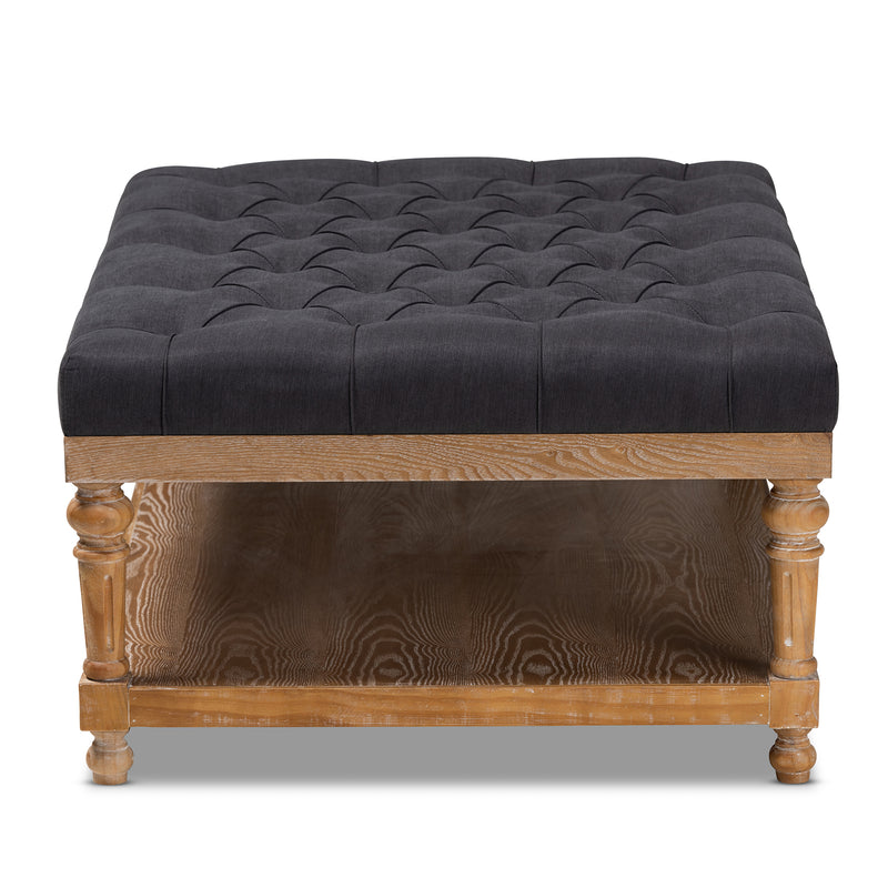 Lindsey Ottoman Modern and Rustic Charcoal Linen Fabric Upholstered Greywashed Wood