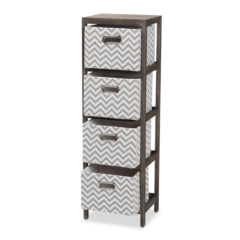 Jorah Tallboy Storage Unit - Modern Grey and White Fabric Upholstered with Greywashed Wood and 4 Baskets for Stylish Organization