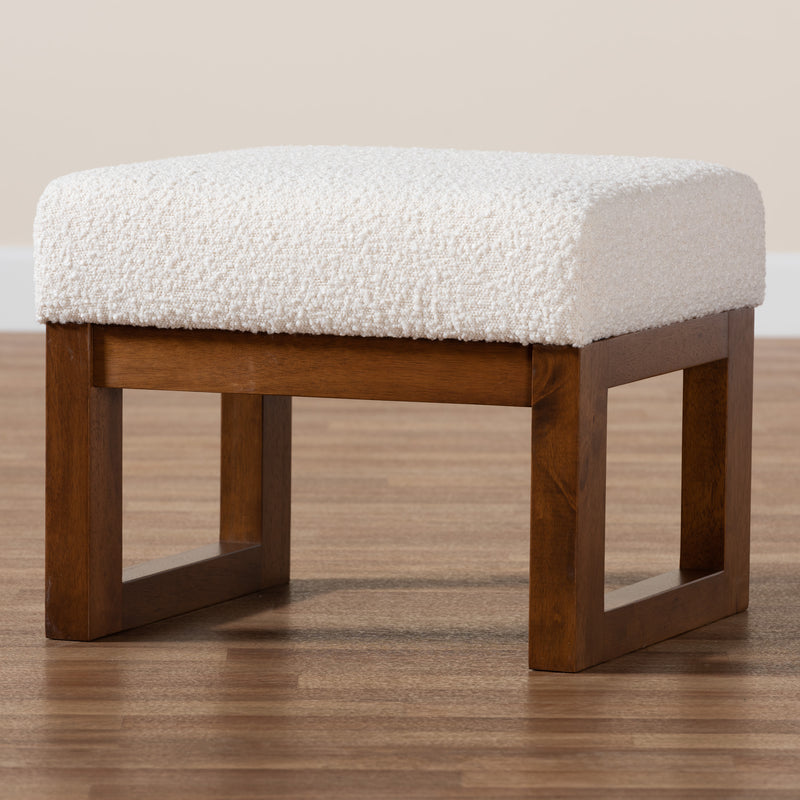 Yashiya Ottoman Mid-Century Modern Off-White Boucle Upholstered Walnut Brown Finished Wood Footstool