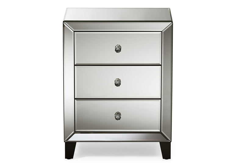 Chevron Mirrored End Table - Modern Hollywood Regency Glamour with 3 Drawers for Stylish Storage and Decor