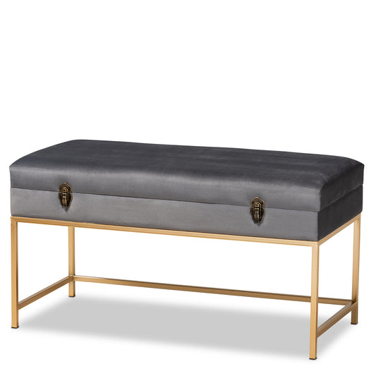 Aliana Ottoman Grey Velvet Fabric Upholstered with Gold Finished Metal Large Storage