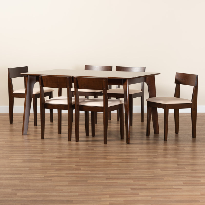 Camilla 7-Piece Dining Set in Mid-Century Modern Style with Cream Upholstery and Dark Brown Wood Finish