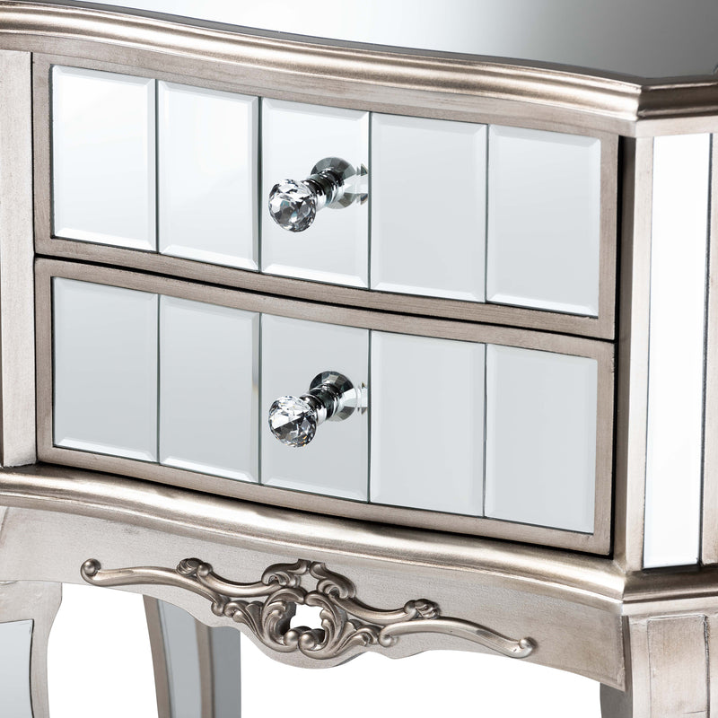 Elgin End Table - Contemporary Glam Design with Brushed Silver Wood and Mirrored Glass, Featuring 2 Stylish Storage Drawers