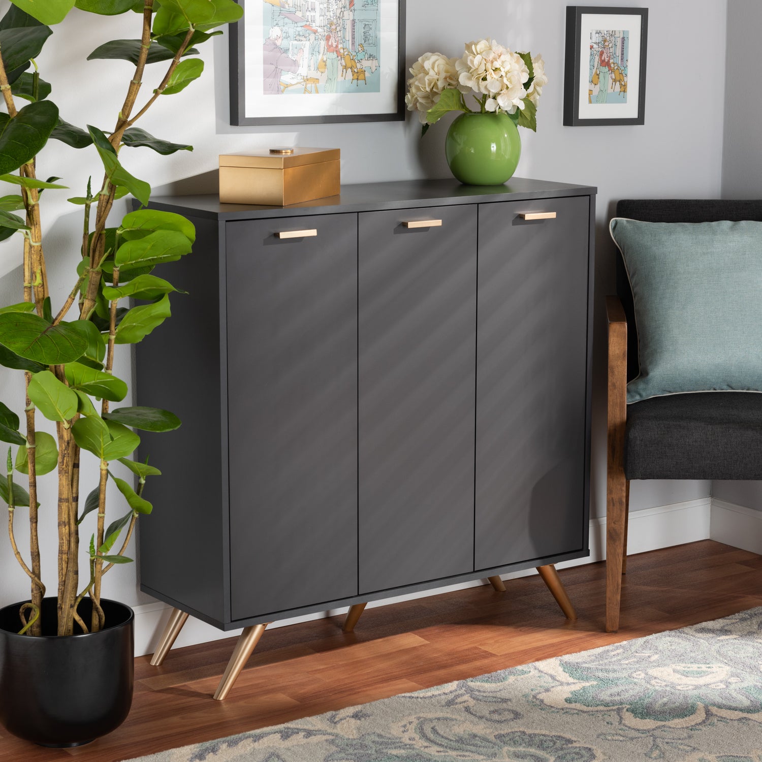 Kelson Shoe Cabinet Modern Dark Grey Wood with Gold Finish 3-Door Storage Solution for Organized Footwear