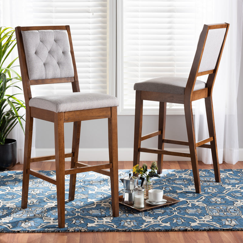 Gideon Bar Stool Set Modern and Contemporary Grey Fabric Upholstered Walnut Brown Finished Wood 2-Piece