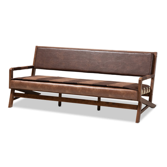 Rovelyn Rustic Brown Faux Leather Sofa with Walnut Wood Frame and Upholstered Design