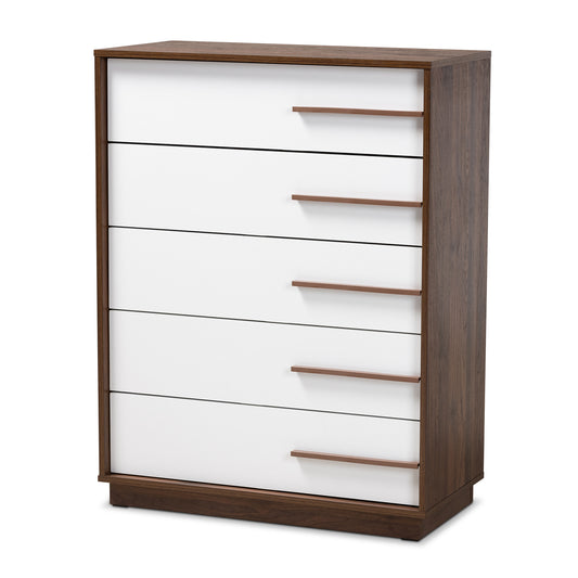 Mette Mid-Century Modern 5-Drawer Wood Chest in Two-Tone White and Walnut, Stylish Storage for Bedroom or Living Room