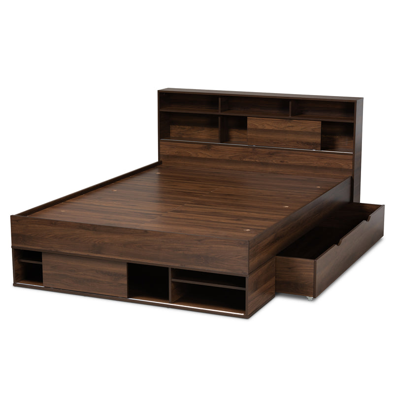 Tristan Queen Size Platform Storage Bed - Modern Walnut Brown Wood with Drawer and Shelves for Organized Bedroom Storage