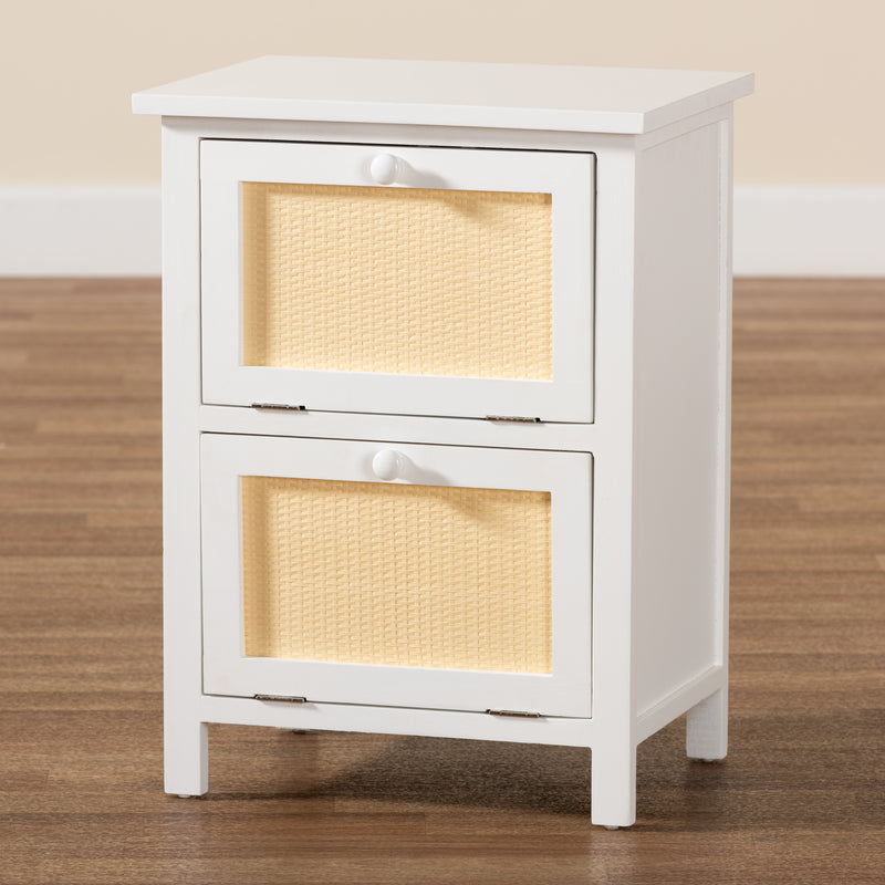 Sariah End Table - Mid-Century Modern Design with White Wood and Rattan, 2-Door Storage for Living Room or Bedroom