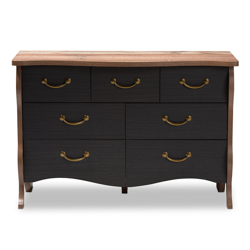 Romilly 7-Drawer Dresser in Black and Oak Finished Wood - Country Cottage Farmhouse Storage Solution